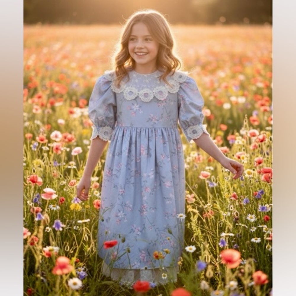 VTG Sarah Kent Dress For Girls Floral Cottage Core Lace Petticoat Made USA Sz 10